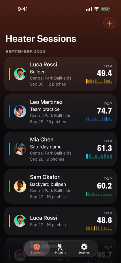 Sessions list with each pitcher's photo and top speed